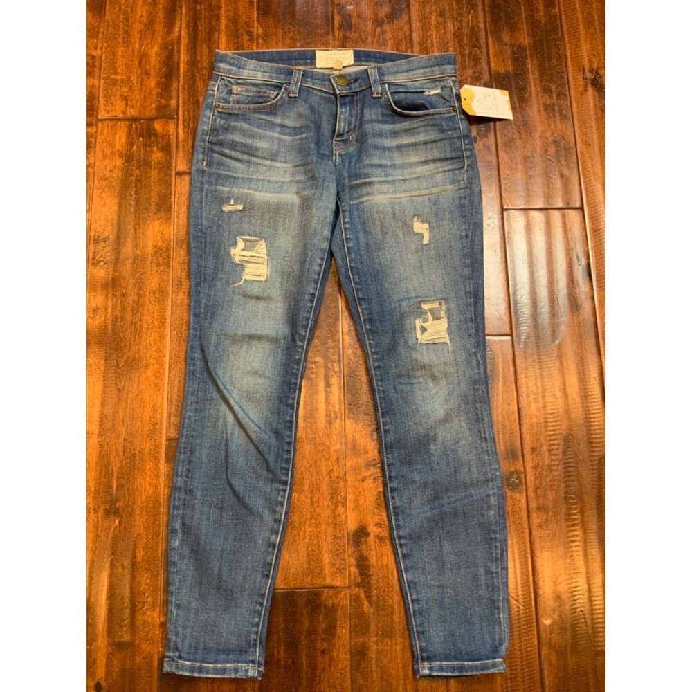 Current/Elliott Medium Wash Straight Ankle Blue Denim Jeans Distressed, Size 25